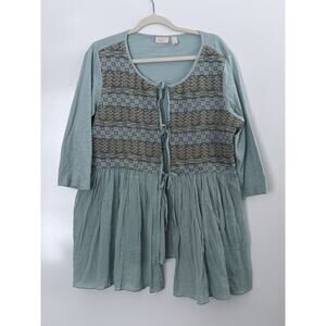 logo lavish lori goldstein Boho Tie Front Tunic Top Teal Embroidered Peplum M